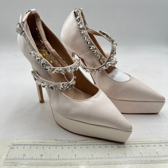 Sho Light Pink Pointed Toe High Heel Platform Pumps Cross Rhinestone Strap Shoes - Picture 4 of 8